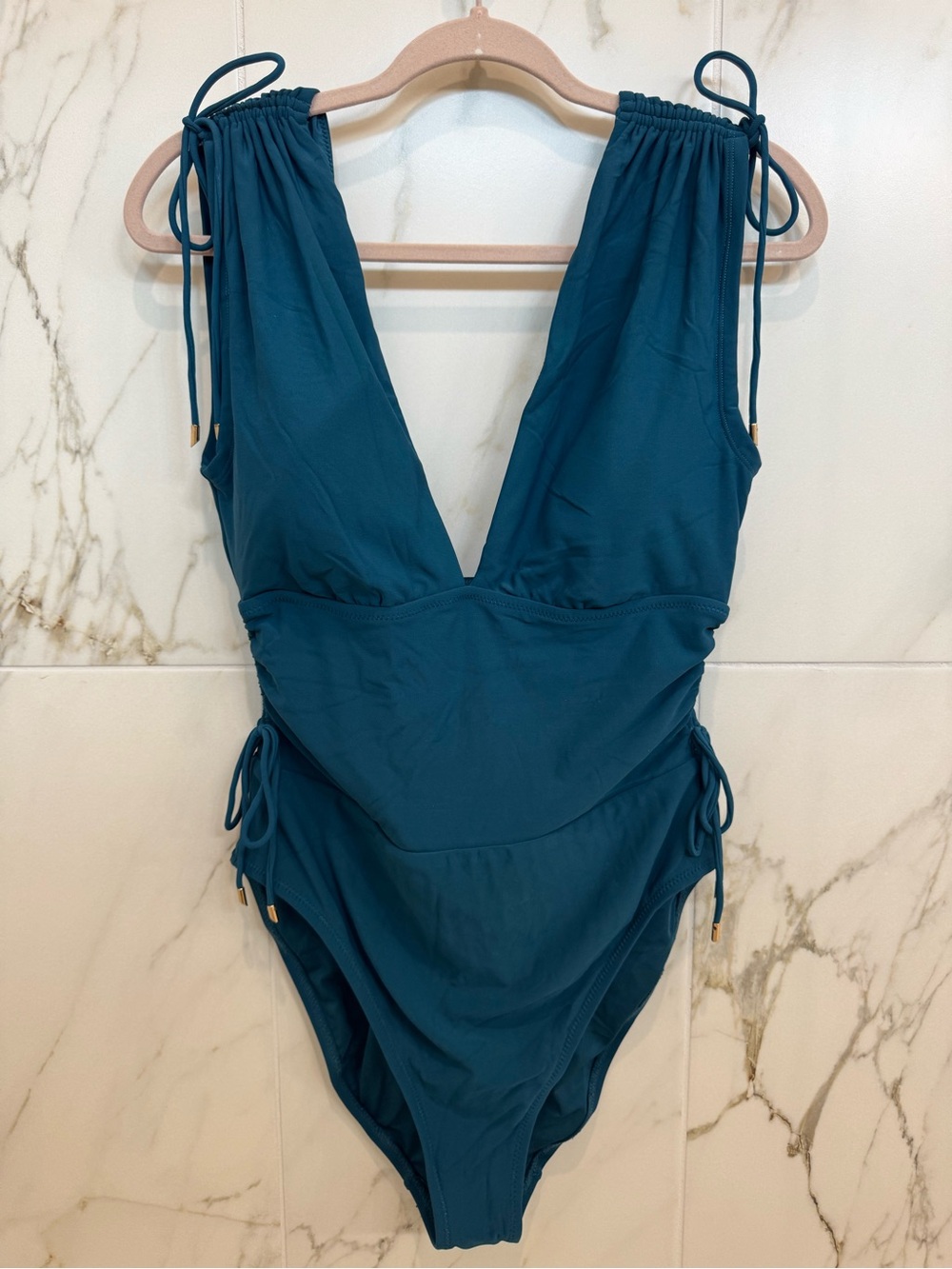 Women’s Robin Piccone Deep Teal One-Piece Swimsuit with Adjustable Ties
